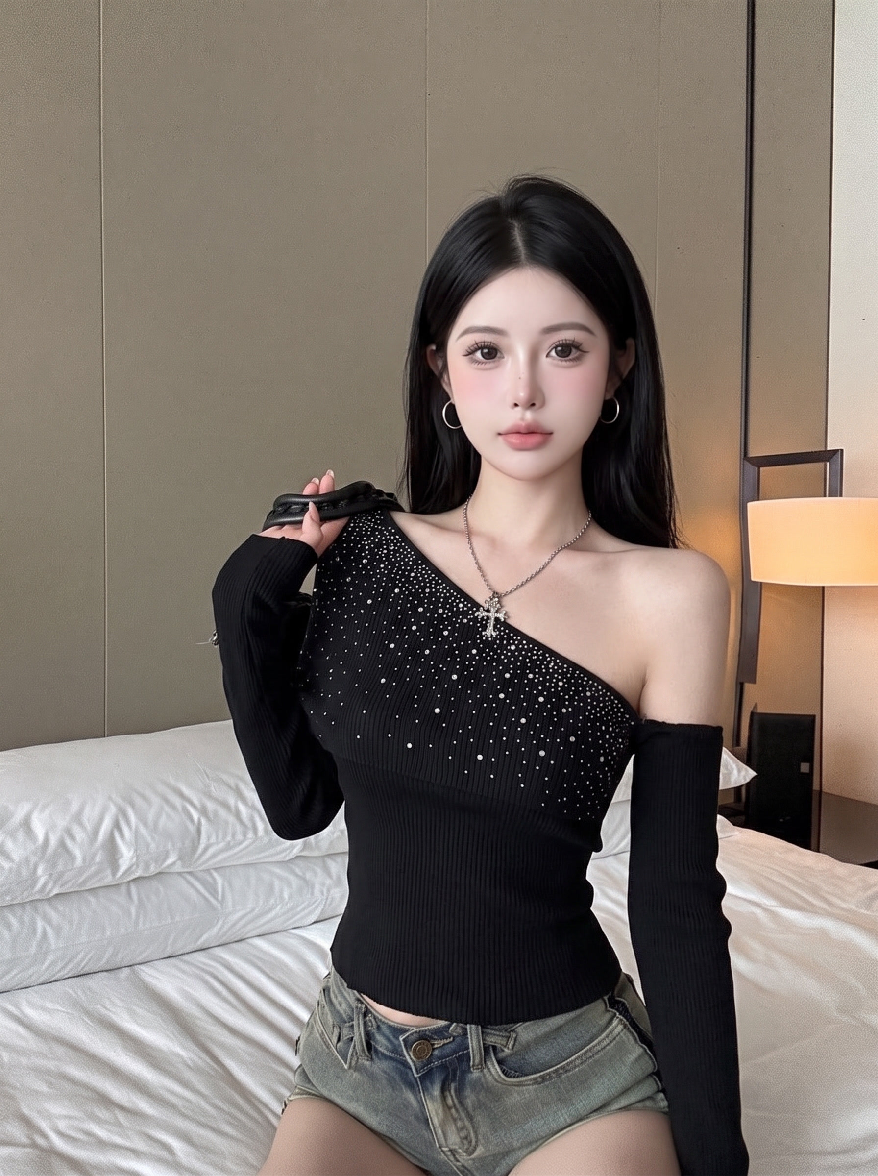 Women's Off-Shoulder Slim Knit Top with Rhinestone Detail Long Sleeve Early Autumn Base Layer - Image 3