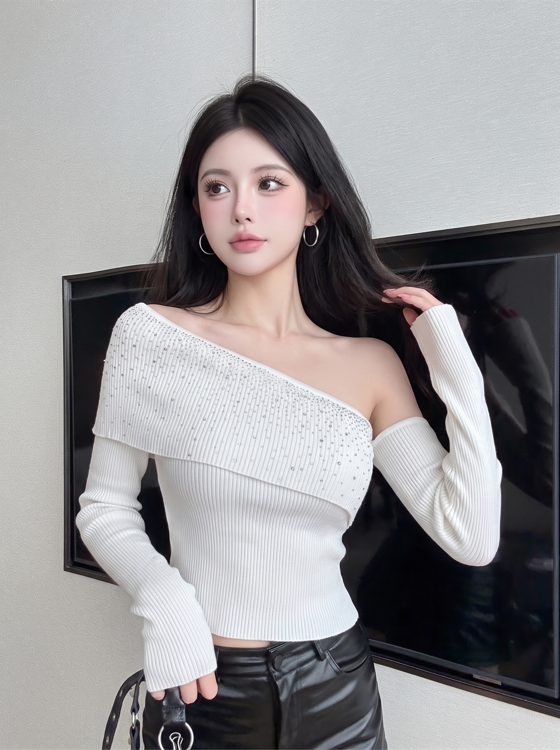 Women's Off-Shoulder Slim Knit Top with Rhinestone Detail Long Sleeve Early Autumn Base Layer - Image 4