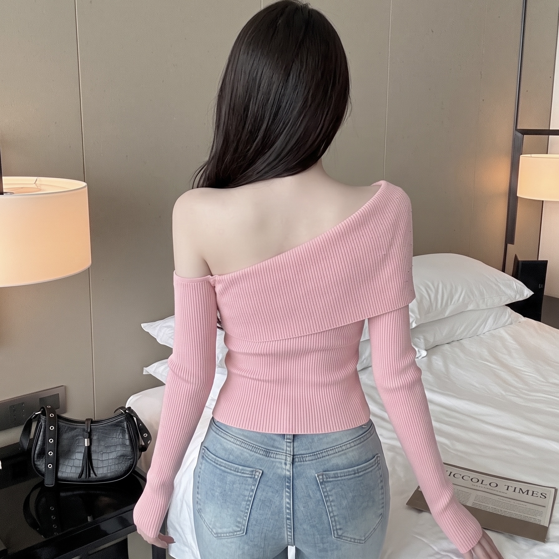 Women's Off-Shoulder Slim Knit Top with Rhinestone Detail Long Sleeve Early Autumn Base Layer - Image 5