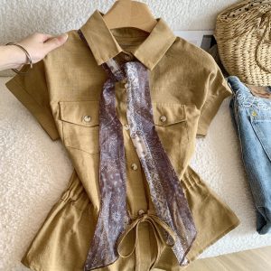 Women's Retro Hong Kong Style Short Sleeve Drawstring Shirt with Silk Scarf