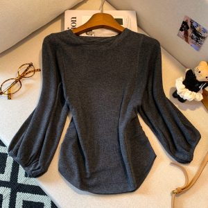 Women's Round Neck Side Pleated Knit Top with Lantern Sleeves