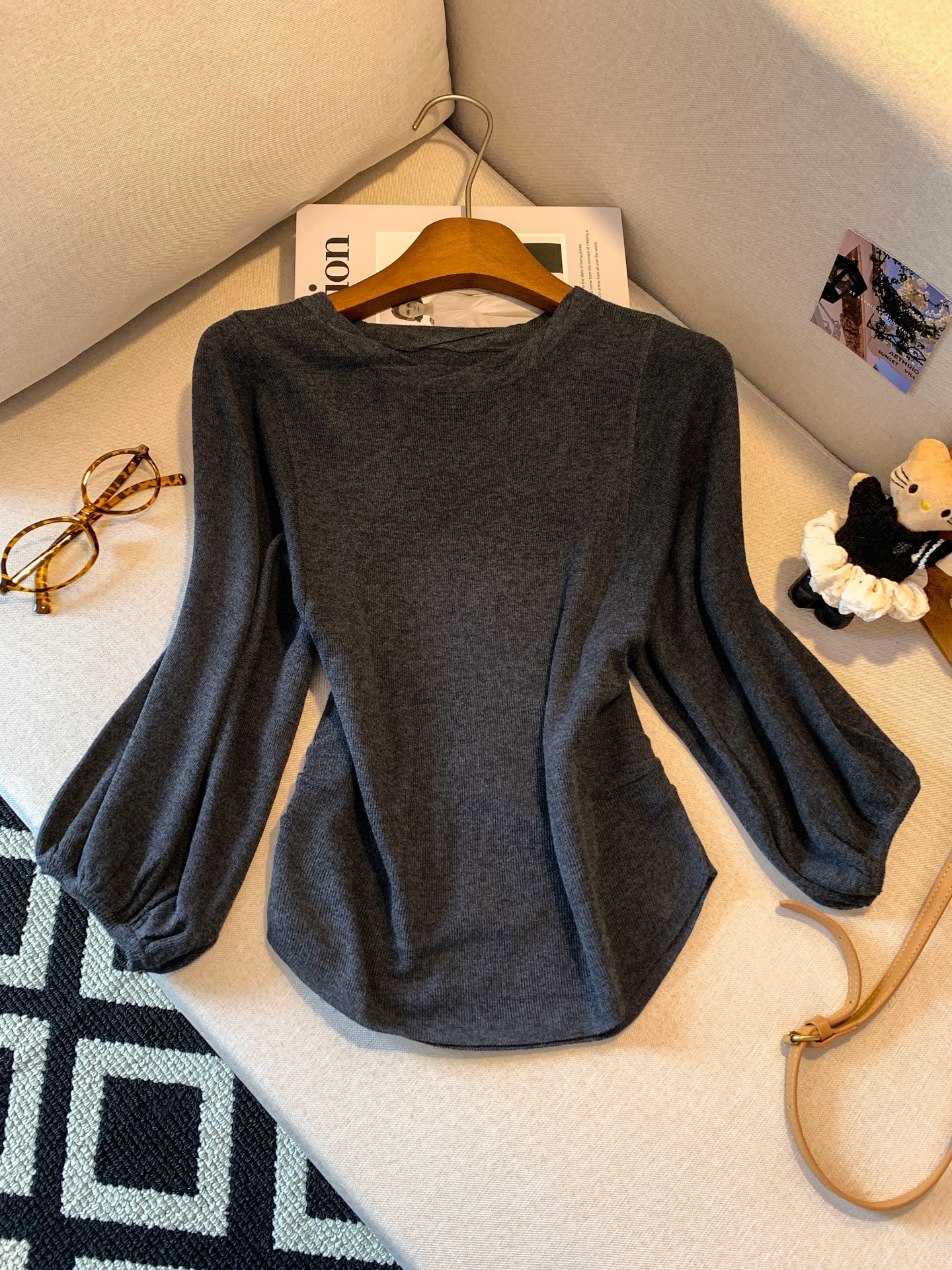 Women's Round Neck Side Pleated Knit Top with Lantern Sleeves