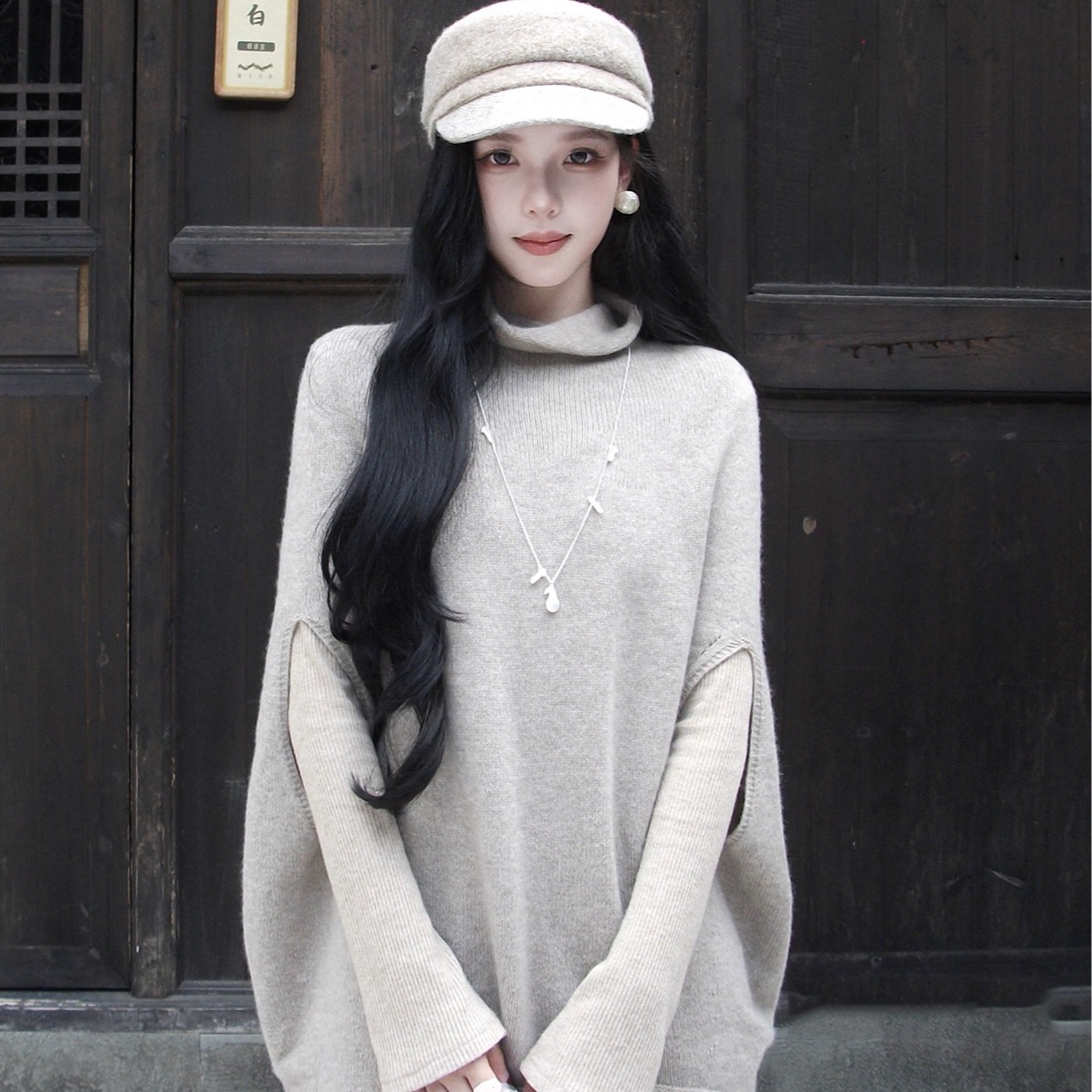 Women's Sleeveless Knit Dress Set with Cape and V-Neck - Image 5