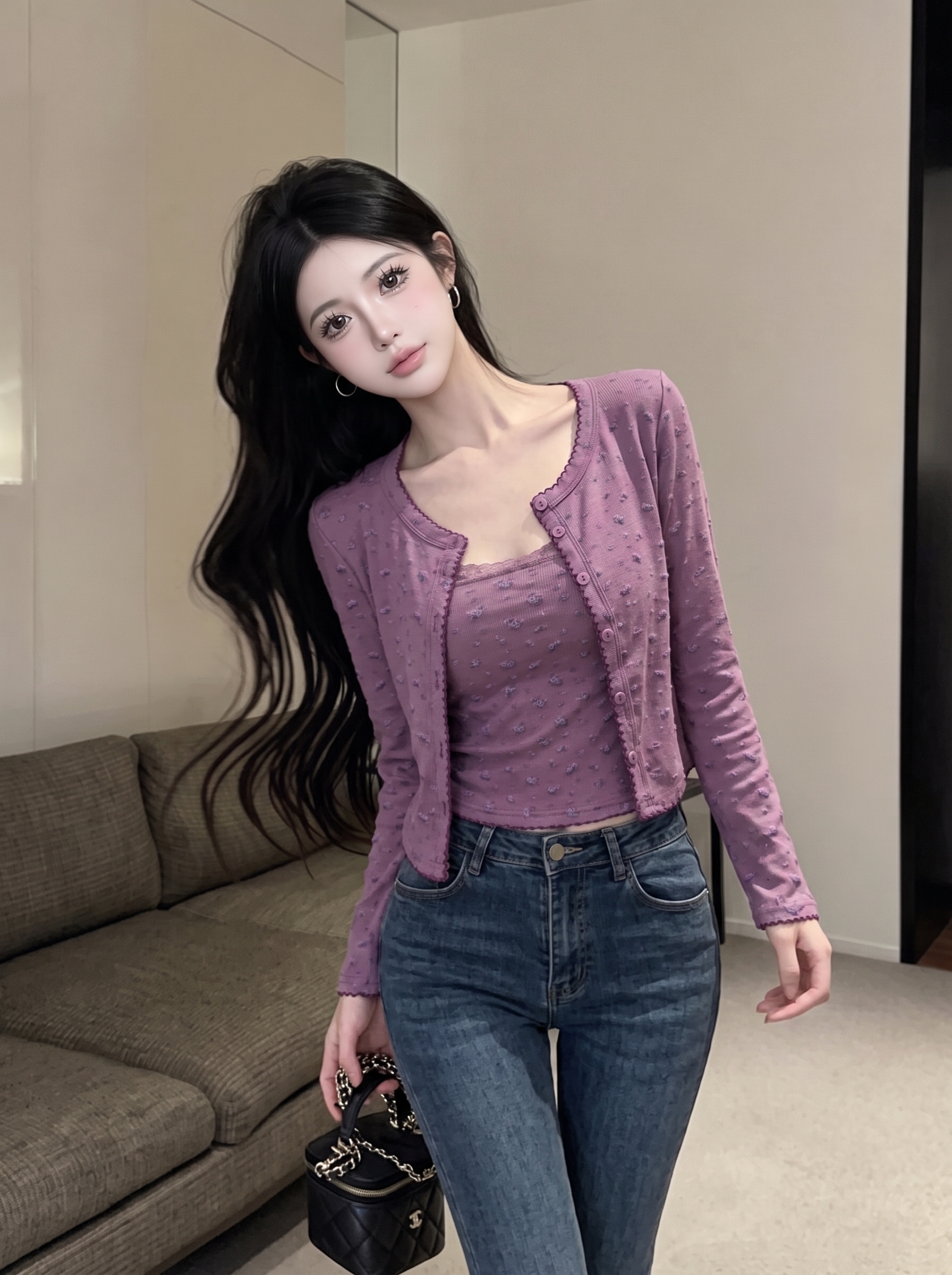 Women's Two-Piece Lace Trim Floral Knit Cami and Cardigan Set - Image 3