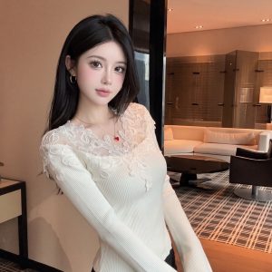 Women's V-Neck Lace Panel Knit Sweater Slim Fit Fall Winter Base Layer Top