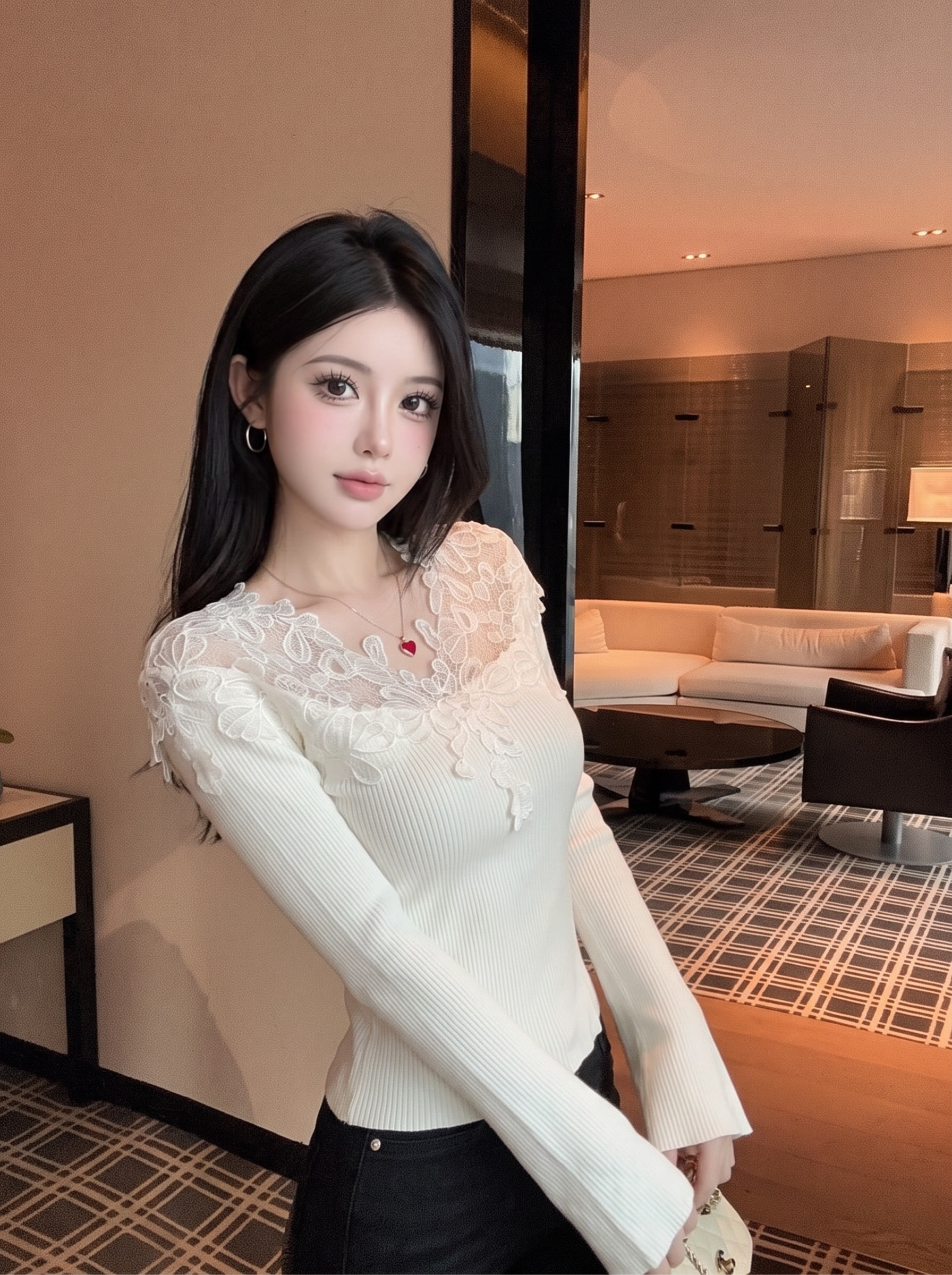 Women's V-Neck Lace Panel Knit Sweater Slim Fit Fall Winter Base Layer Top