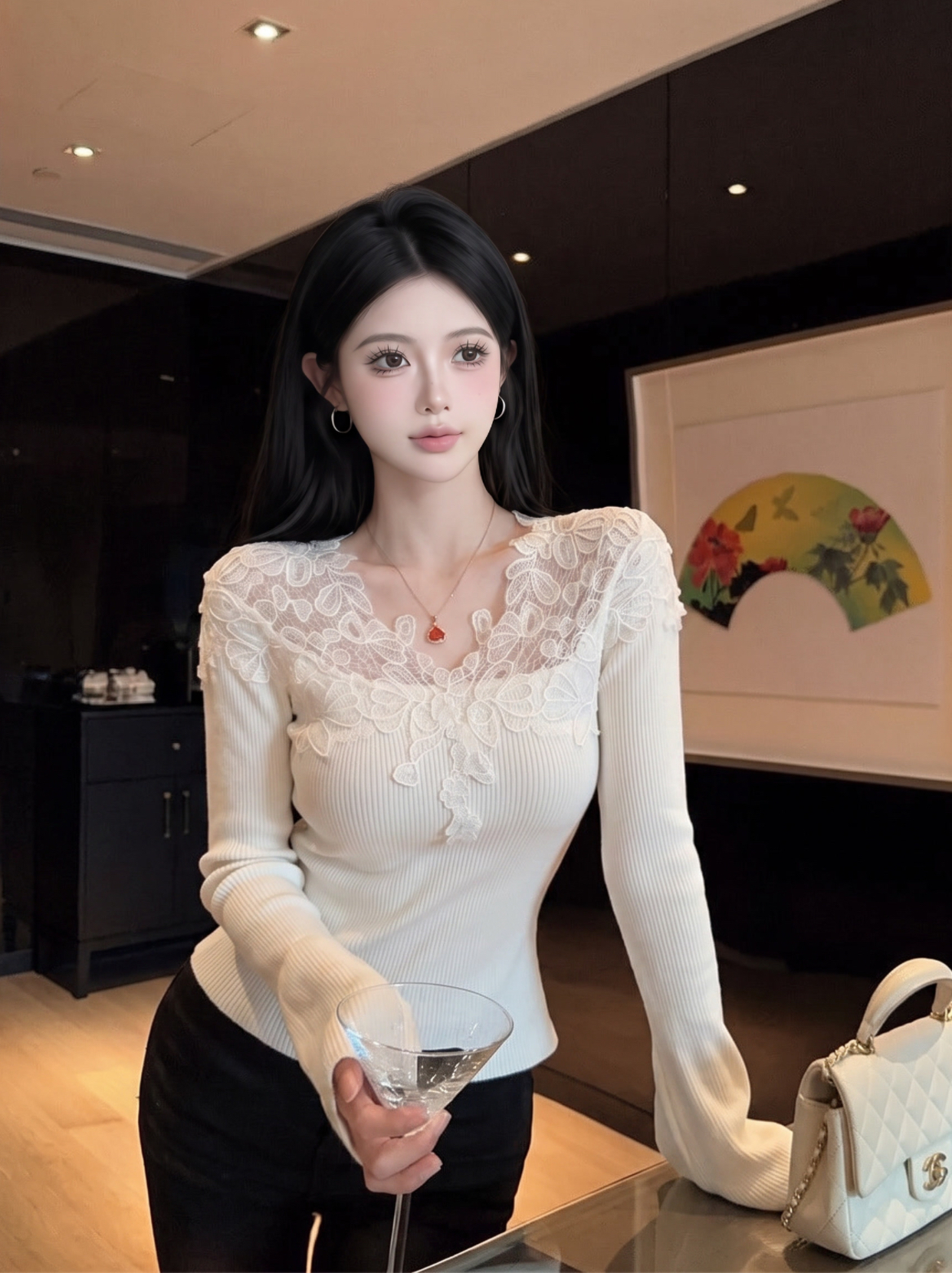 Women's V-Neck Lace Panel Knit Sweater Slim Fit Fall Winter Base Layer Top - Image 2