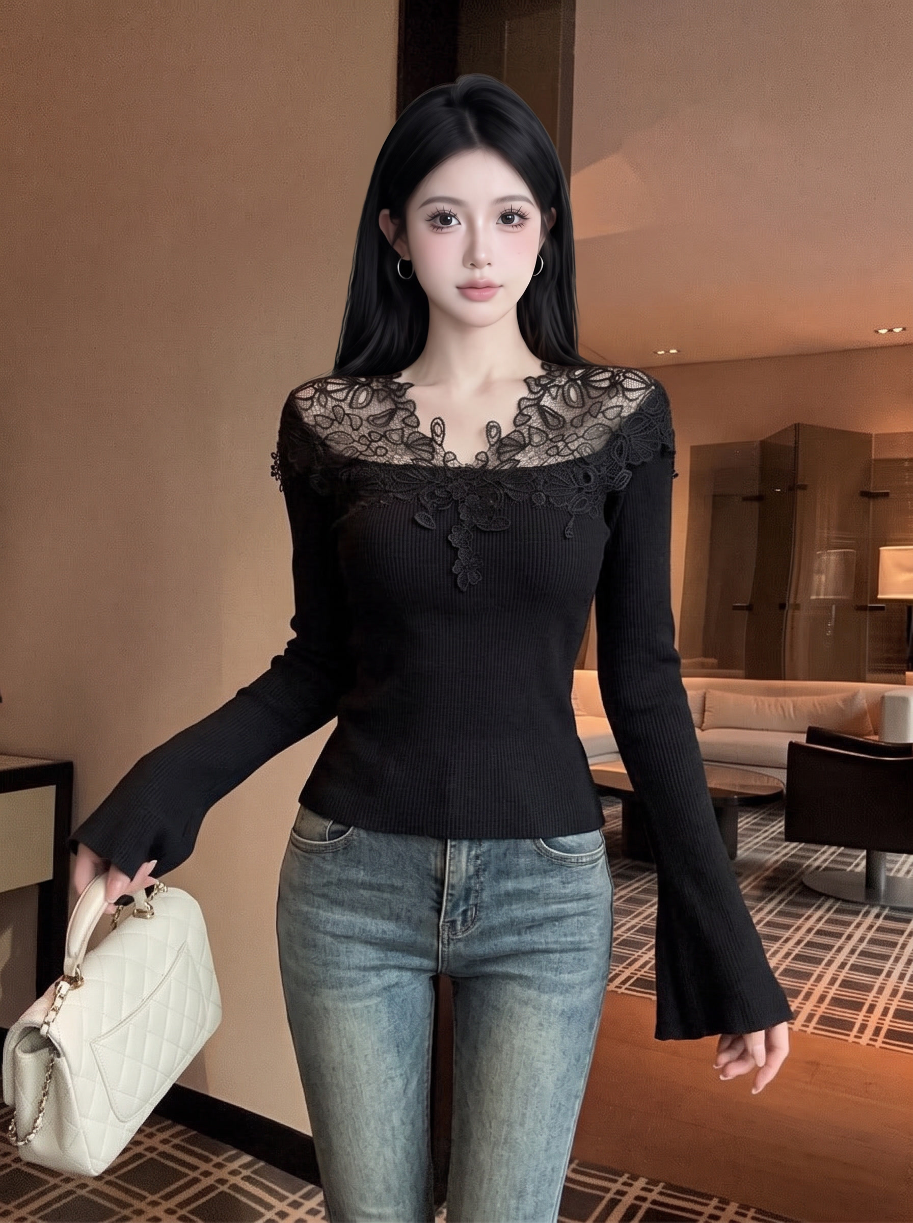 Women's V-Neck Lace Panel Knit Sweater Slim Fit Fall Winter Base Layer Top - Image 3