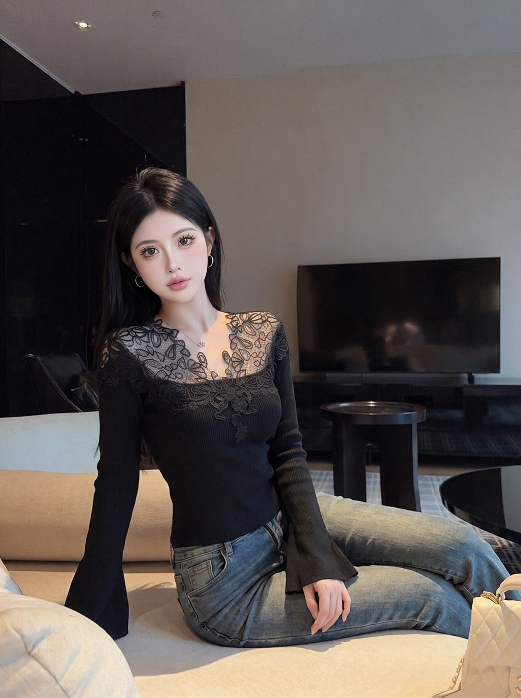 Women's V-Neck Lace Panel Knit Sweater Slim Fit Fall Winter Base Layer Top - Image 4