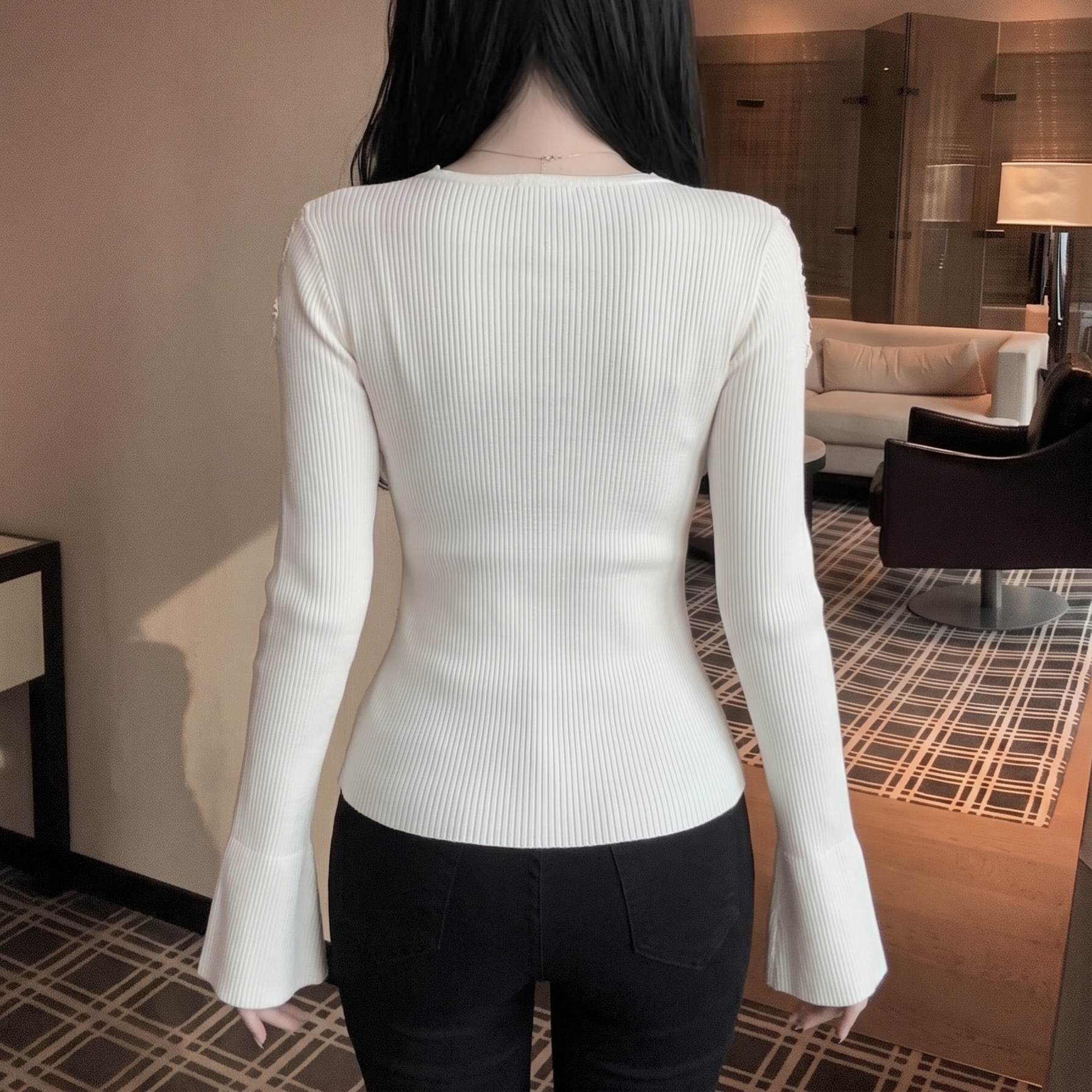 Women's V-Neck Lace Panel Knit Sweater Slim Fit Fall Winter Base Layer Top - Image 5