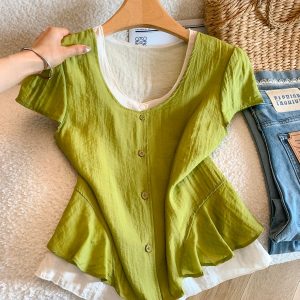 Women's V-Neck Short Sleeve Ruffle Blouse Summer Loose Fit Top - Style 69bd76