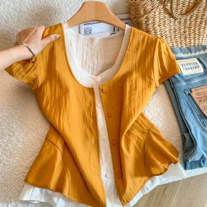 Women's V-Neck Short Sleeve Ruffle Blouse Summer Loose Fit - Style f8f4dd